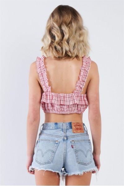 Red Cotton Checkered Frill Trim Crop Top