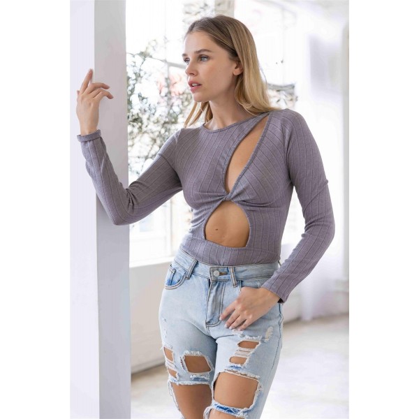 Ribbed Cut-Out Twisted Detail Long Sleev...