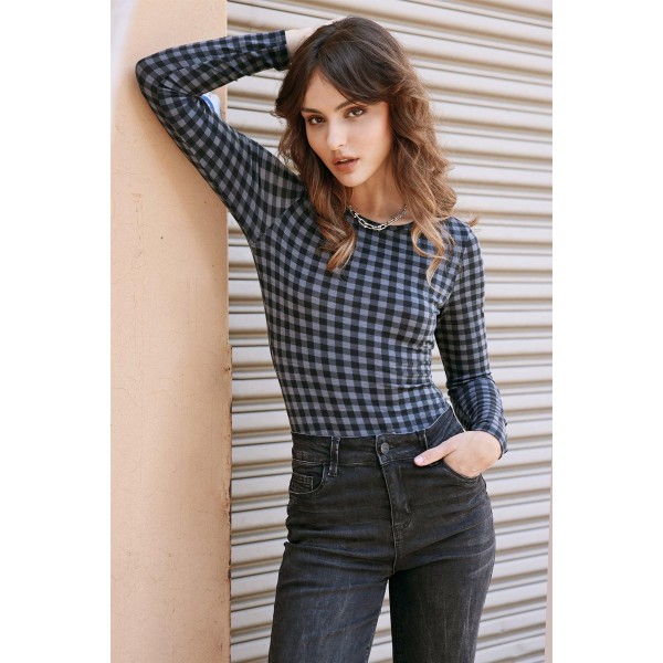 Charcoal Black Plaid Long Sleeve Bodysui...
