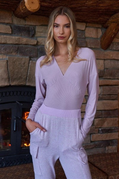 Lavender Ribbed V-Neck Long Sleeve Dropped Shoulder Bodysuit /3-2-1